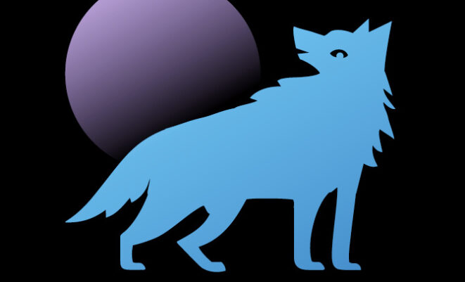 Blue cartoon wolf standing in front of purple moon