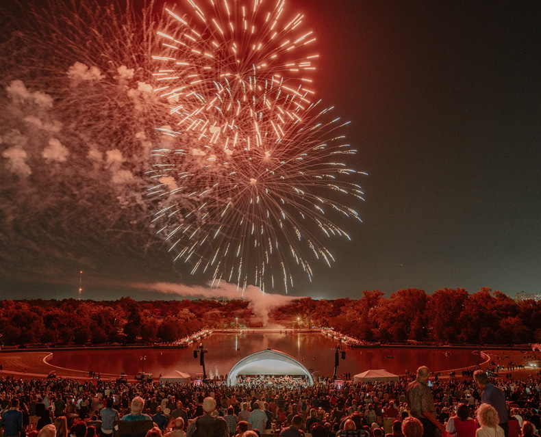 Fireworks over bandshell during Forest Park concert