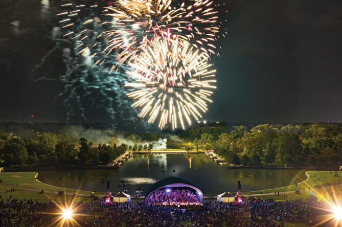 Fireworks over bandshell during Forest Park concert