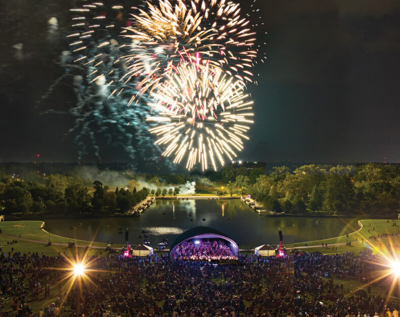 Fireworks over bandshell during Forest Park concert