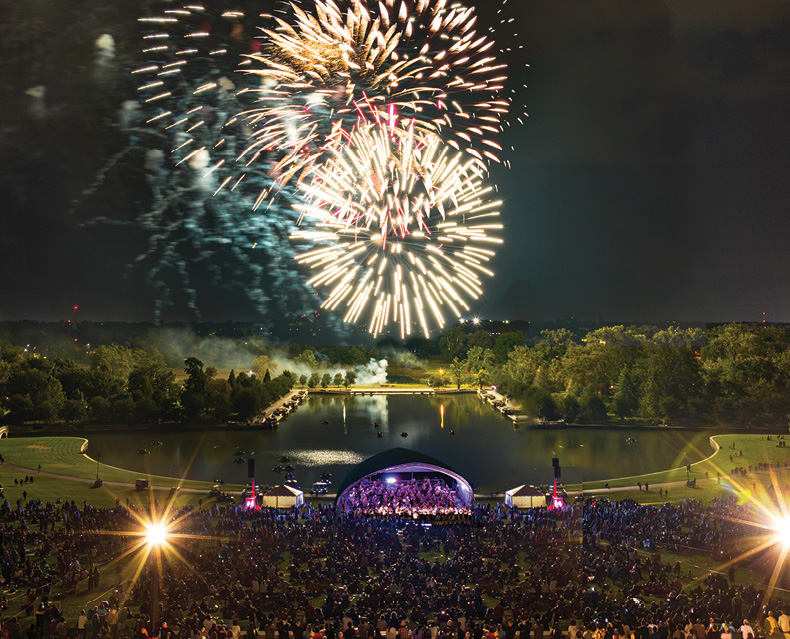 Fireworks over bandshell during Forest Park concert