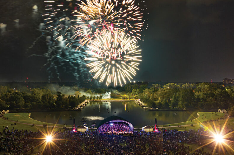 Fireworks over bandshell during Forest Park concert