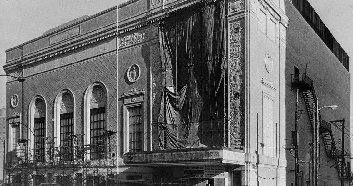 Black and white image of exterior construction of Powell Hall