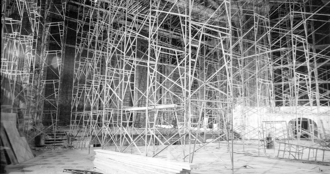 Black and white image of scaffolding in Powell Hall auditorium