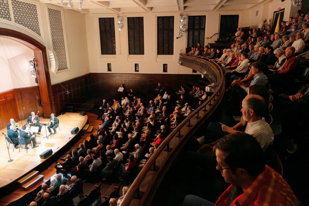 A wind quintet inaugurated the Live at The Sheldon series in October 2023, featuring Principal Flutist Matthew Roitstein, Associate Principal Oboist Philip Ross, Third Horn Tod Bowermaster, Principal Bassonist Andrew Cuneo, and Principal Clarinetist Scott Andrews. (Photo by John Gitchoff)