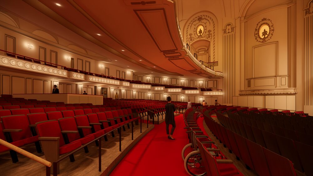 A rendering of the renovated auditorium shows the new shape of the rear wall of the floor and new curved walls near the stage that will change the sound reflection on the pattern on the floor.