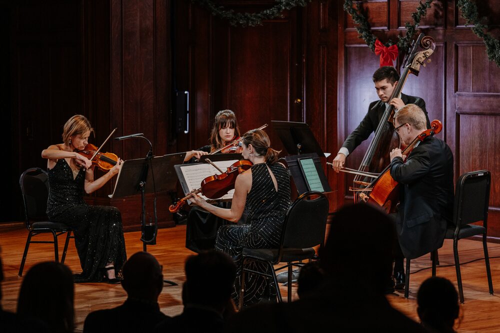 The December 5 Live at The Sheldon featured violinist Angie Smart and Andrea Jarrett; violist Shannon Farrell Williams; cellist Bjorn Ranheim; and double bassist Aleck Belcher in music by Jessie Montgomery, Christian Quiñones, and Franz Schubert.